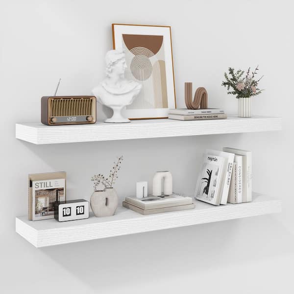 36 in. W x 8 in. D Rustic White Floating Decorative Wall Shelf (Set-2)
