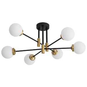 6-Light Vintage Black and Gold Sputnik Chandelier, Mid Century Ceiling Lights with Glass Shade, Bulb Not Included
