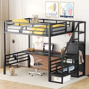 Black Full Size Metal Loft Bed with Desk, Storage Staircase and Wardrobe