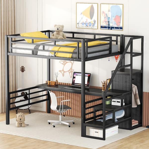 Harper & Bright Designs Black Full Size Metal Loft Bed with Desk, Storage Staircase and Wardrobe
