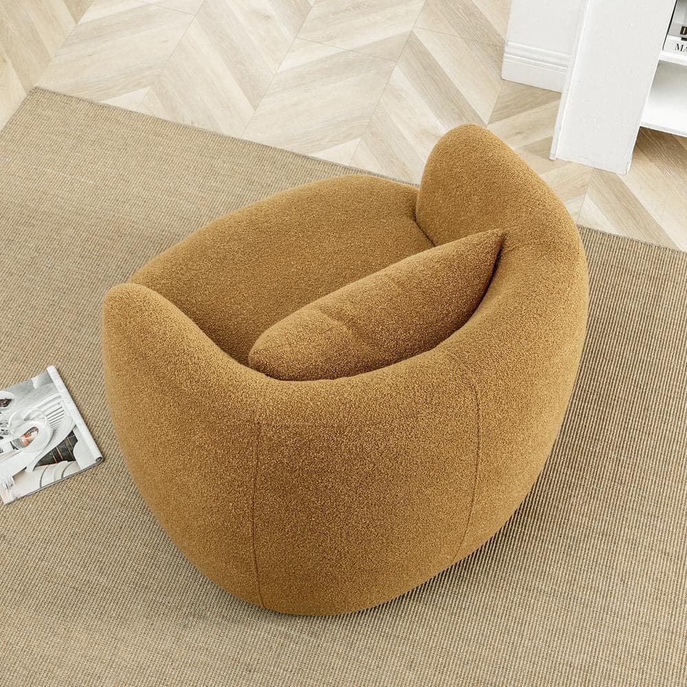 Brown Boucle Swivel Barrel Accent Chair with Pillow