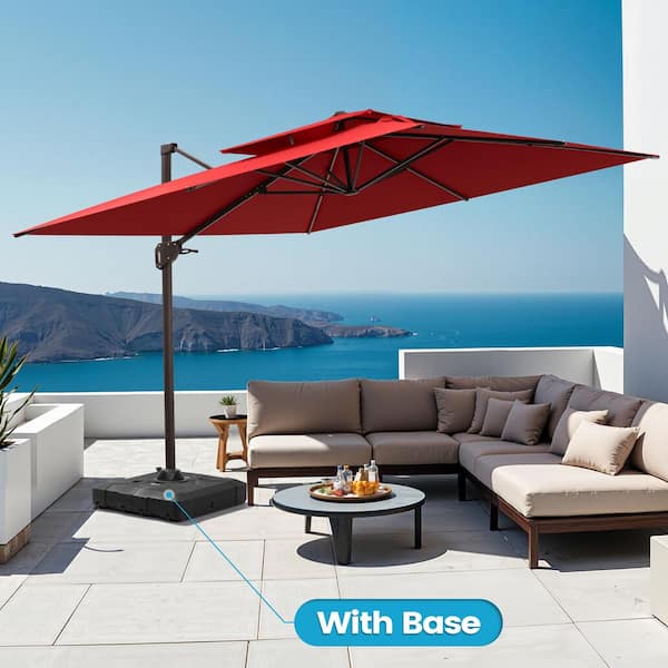 10 ft. Square Double-Top Polyester Cantilever Tilt Patio Umbrella in Red with 220 lbs. HDPE Base