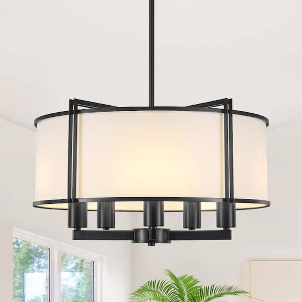 5-Light Black Modern Farmhouse Metal Fabric Drum Chandelier