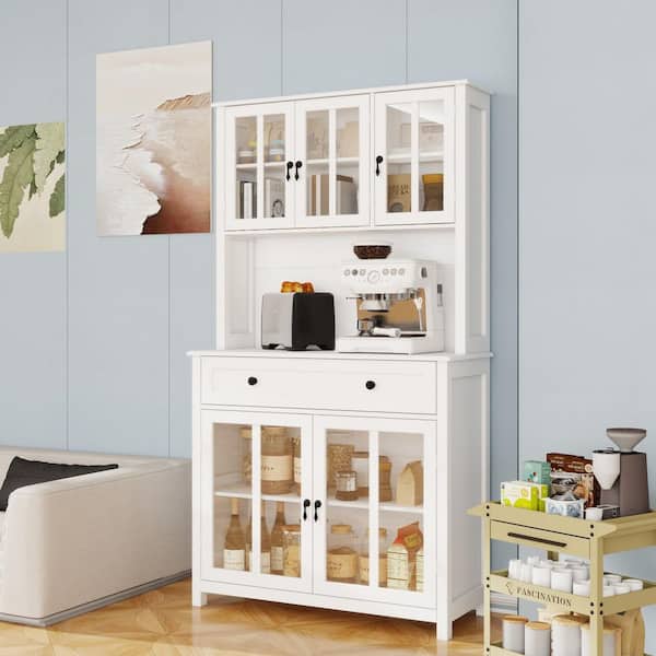 IDEAGLE 71 in. H 6-Shelf White Pantry Organizer with Microwave Stand Kitchen Pantry Storage Cabinet w/Buffet and Storage Drawers