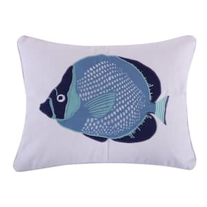 Camps Bay Blue and White Fish Appliqued & Embroidered 14 in. x 18 in. Throw Pillow