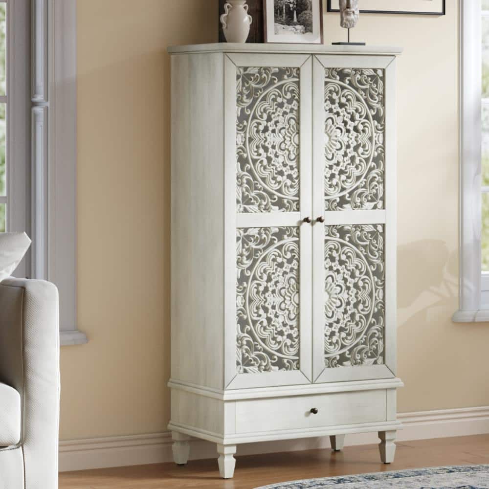 55" Rustic Tall Storage Cabinet – 2 Carved Doors + Drawer, Solid Wood Legs, Antique Grey White