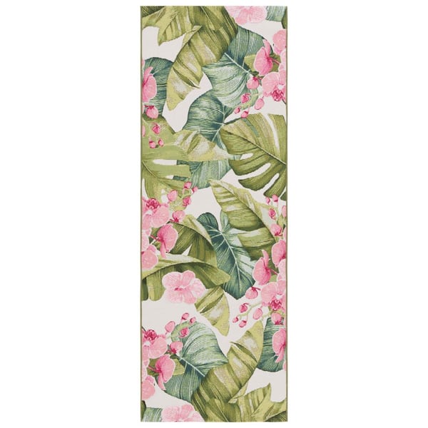 Barbados Green/Pink 3 ft. x 8 ft. Oversized Floral Indoor/Outdoor Runner Rug