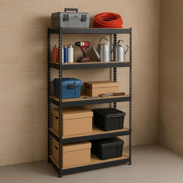 5-Tier Powder-Coated Steel Garage Storage Shelving Unit in Matte Black with HDF Racks (36 in. W x 72 in. H x 18 in. D)