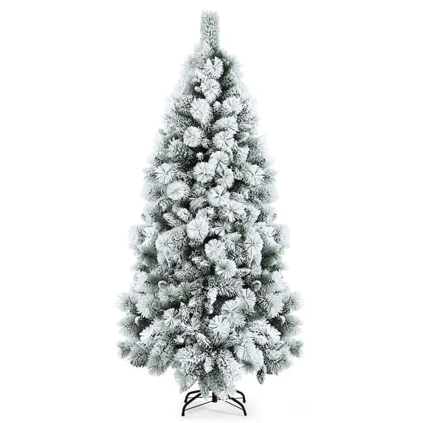 Costway 6 ft. White Unlit Snow Flocked Hinged Slim Artificial Christmas Tree w/Pine Needles