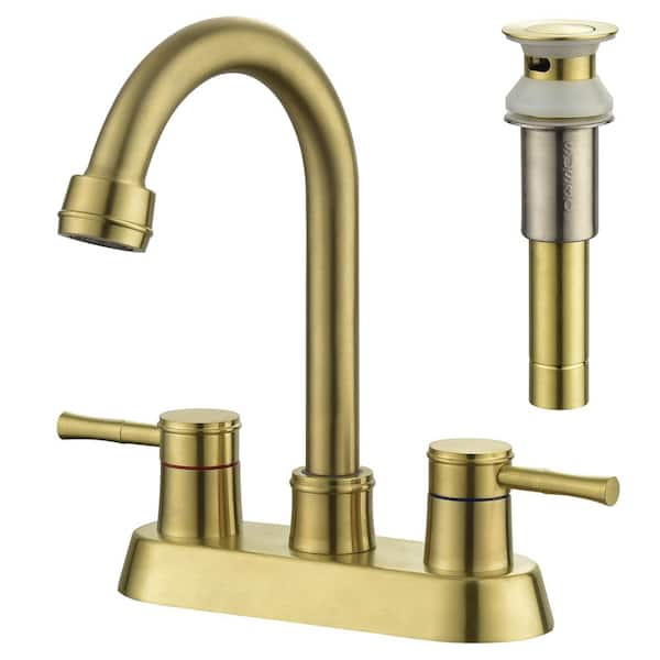 Fapully 4 in. Centerset 2-Handles Bathroom Faucets, 2-3 Holes 360-Degree Swivel Spout with Pop Up Drain in Brushed Gold