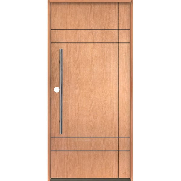 Krosswood Doors SUMMIT Modern Faux Pivot 36 in. x 80 in. Right-Hand/Inswing 10-Grid Solid Panel Teak Stain Fiberglass Prehung Front Door