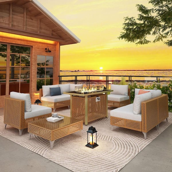 Unbranded 8-Piece Wicker Patio Conversation Set with Beige Cushions, 60,000 BTU 43 in. Fire Pit Table Outdoor Sectional Sofa Set