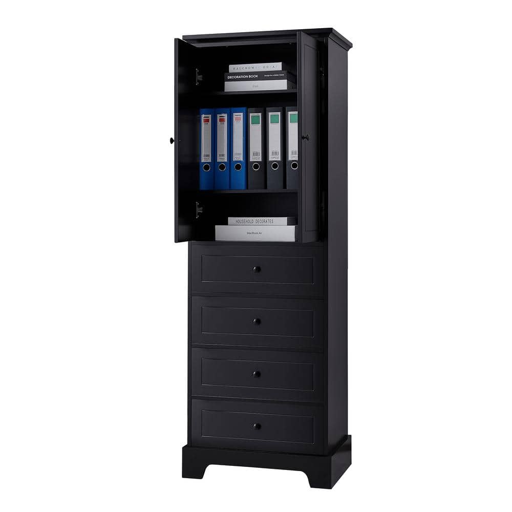 23.6 in. W x 15.7 in. D x 68.1 in. H Black MDF Freestanding Linen Cabinet with 2-Doors, 4-Drawers and Adjustable Shelf