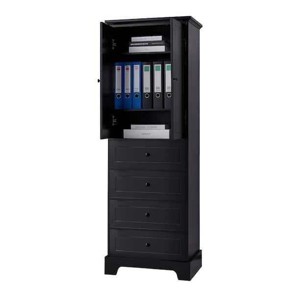 grossag 23.6 in. W x 15.7 in. D x 68.1 in. H Black MDF Freestanding Linen Cabinet with 2-Doors, 4-Drawers and Adjustable Shelf