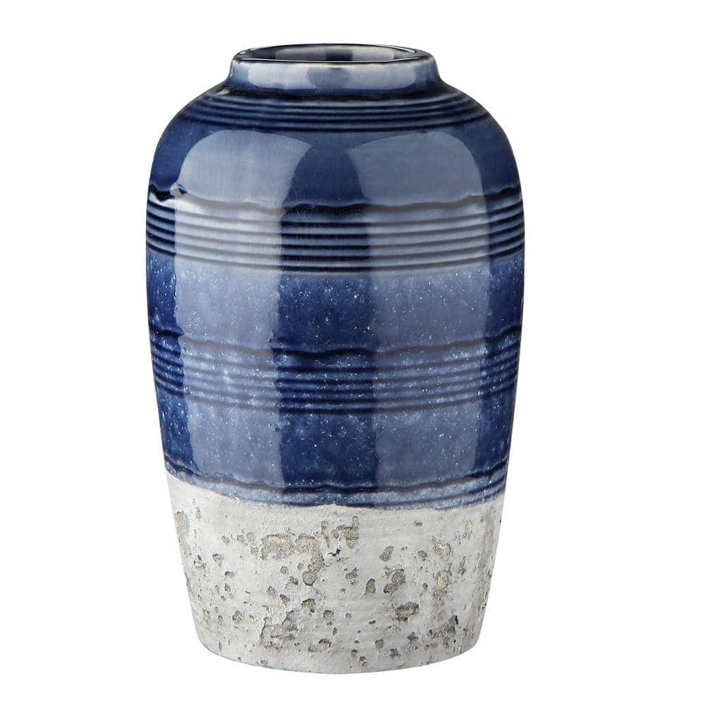 9 in. Blue Round Ceramic Vases for Home Decor 2-Tone Boho Flower Vase for T