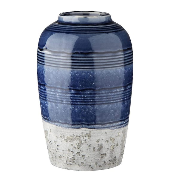 Unbranded 9 in. Blue Round Ceramic Vases for Home Decor 2-Tone Boho Flower Vase for Table Centerpieces Blue Pottery Vase