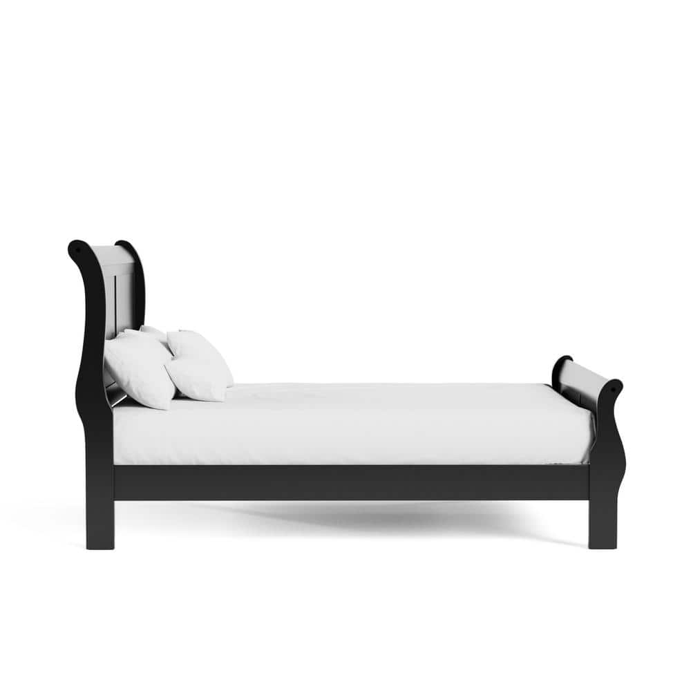 Black Solid Wood Sleigh Full Bed Frame with Headboard
