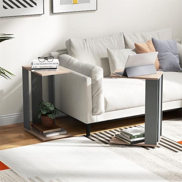 16.5 in. Brown C-shaped Wood End Table with Bottom Shelf and 4 Universal Wheels 2-tier Nightstand(Set of 2)