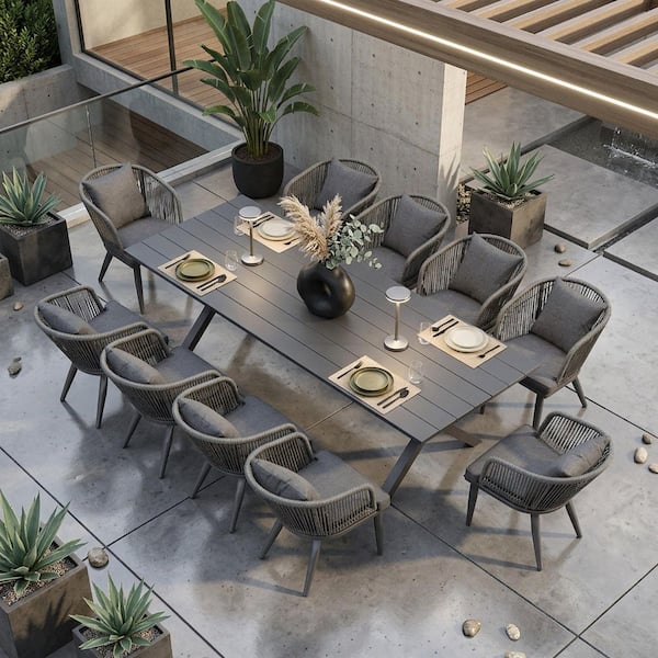 11-Piece All-Weather Wicker Outdoor Dining Set with Table All Aluminum Frame and Gray Cushions for Garden Backyard Deck