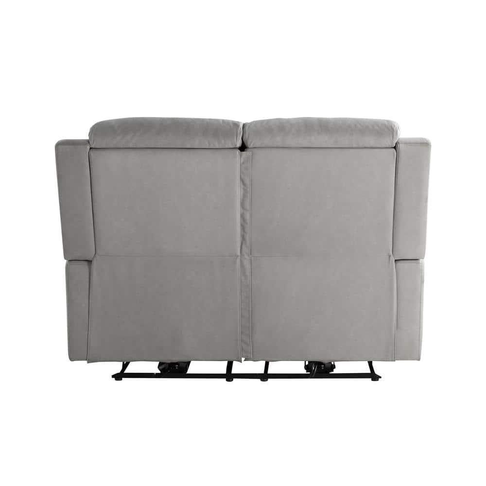 Gray Faux Leather Channel Tufted Reclining Loveseat with Acacia Wood