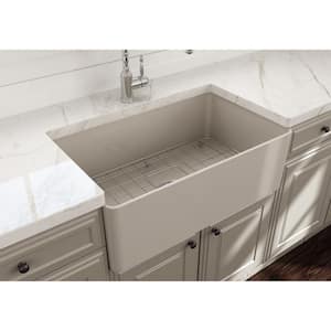 Aderci Biscuit Fireclay 30 in. Single Bowl Ultra-Slim Farmhouse Apron Front Kitchen Sink with Grid and Strainer