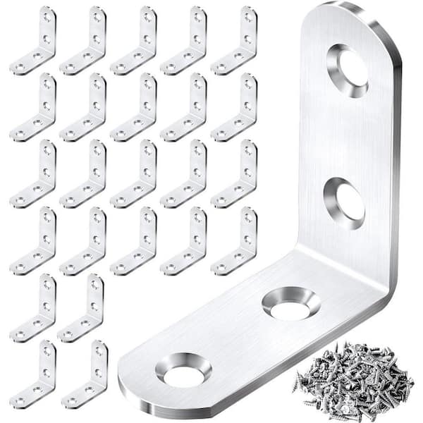 1. 6x1. 6 Inch Stainless Steel 90 Degree Corner Brace Metal Right Angle Bracket for Wood Shelves with 96 Screws 24 Pack