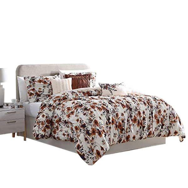 The Urban Port Lyon 6 Piece Brown And White Floral Microfiber Queen Comforter Set With Shirring Bm222812 The Home Depot