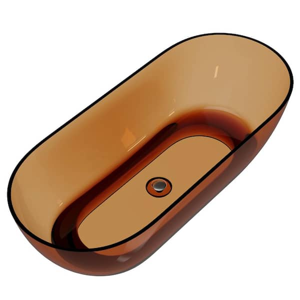 69 in. x 29.5 in. Resin Translucent Freestanding Oval Soaking Bathtub Straight Top with Center Drain in Caramel