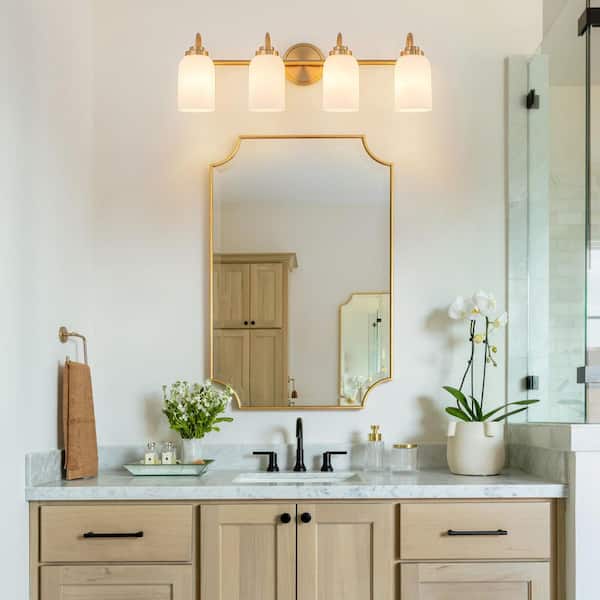 28 in. 4-Light Brushed Gold Bathroom Vanity Light Fixture with Frosted Glass
