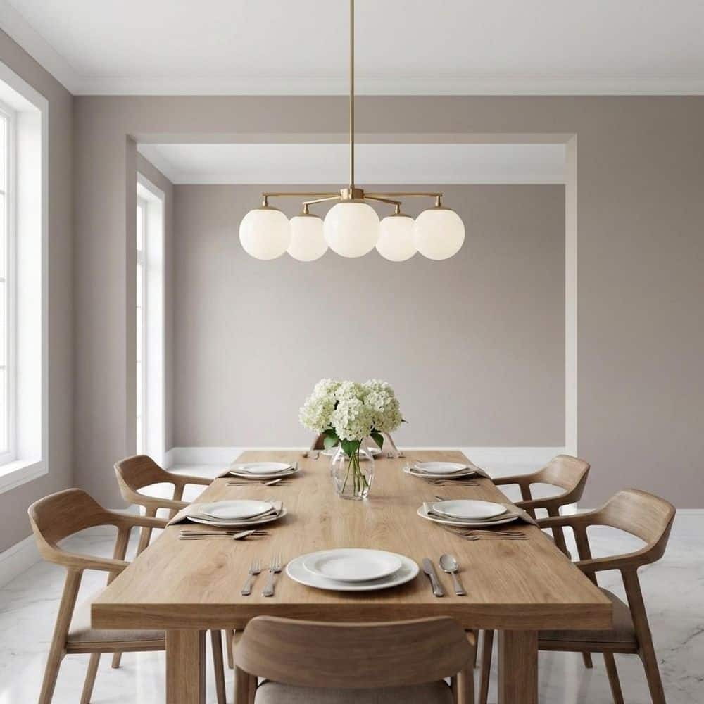 Nube 26 in. W 5-Light Satin Brass Modern Dimmable Chandelier with Milk Glass Globe Shades, No Bulbs Included price history on PriceWatchPro