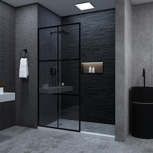 Citron 34 in. W x 72 in. H Fixed Framed Shower Door in Matte Black Finish with Patterned Glass
