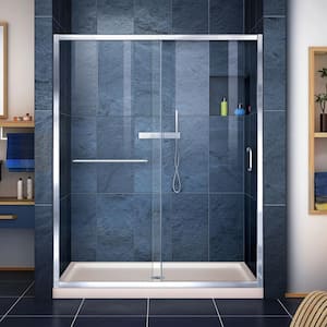 Infinity-Z 34 in. x 60 -Frameless Sliding Shower Door in Chrome with Center Drain Shower Base in Biscuit