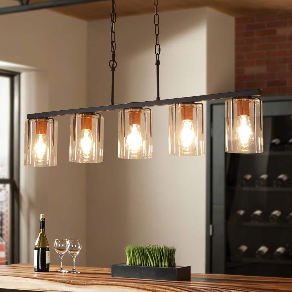 43.3 in. 5-Light Black Linear Chandelier with Clear Glass Shades, Wood Grain Accent Adjustable Height (No Bulbs) price history on PriceWatchPro