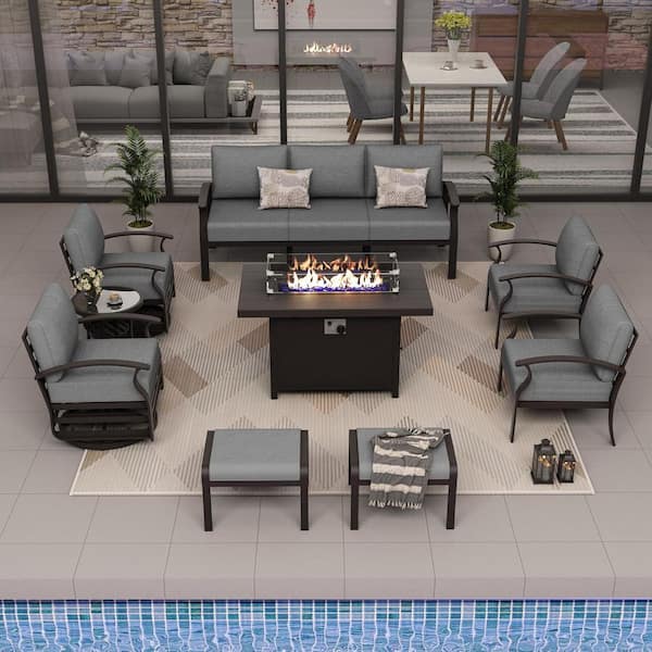 Halmuz 7-Seat Aluminum Patio Conversation Set with armrest, Fire pit Table, Swivel Rocking Chairs, Ottomans and Grey Cushions