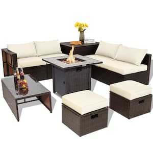 9-Piece Space-Saving Wicker Patio Conversation Set with Propane Fire Pit Table & Storage Box & White Cushions
