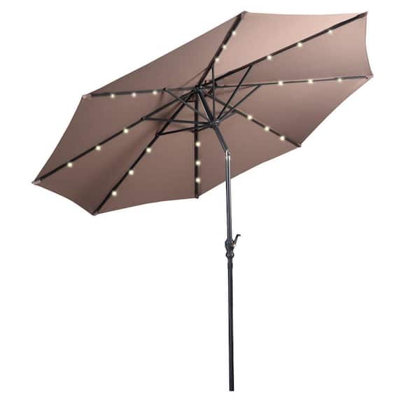 ANGELES HOME 10 ft. Steel Crank Lift Market Solar LED Lighted Tilt Patio Umbrella in Tan