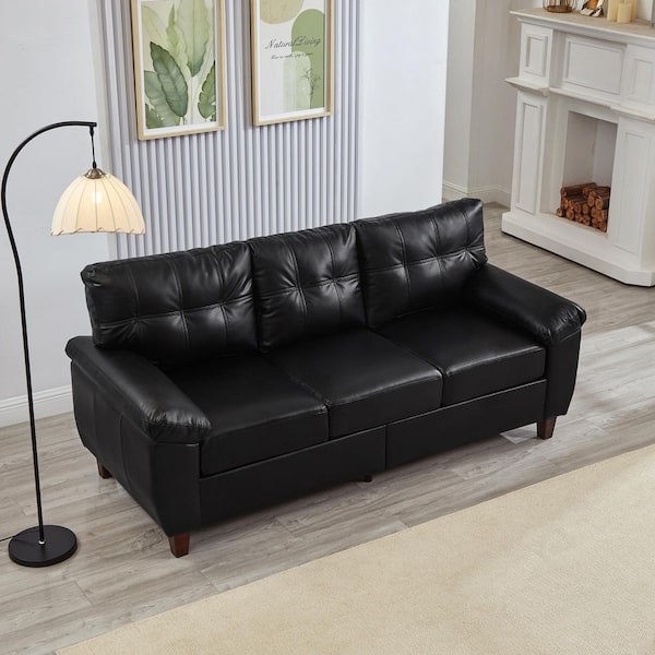 Xerlin Modern 79 in. Pillow Top Arm PU Faux Leather Upholstered 3-Seats Storage Sofa in Black