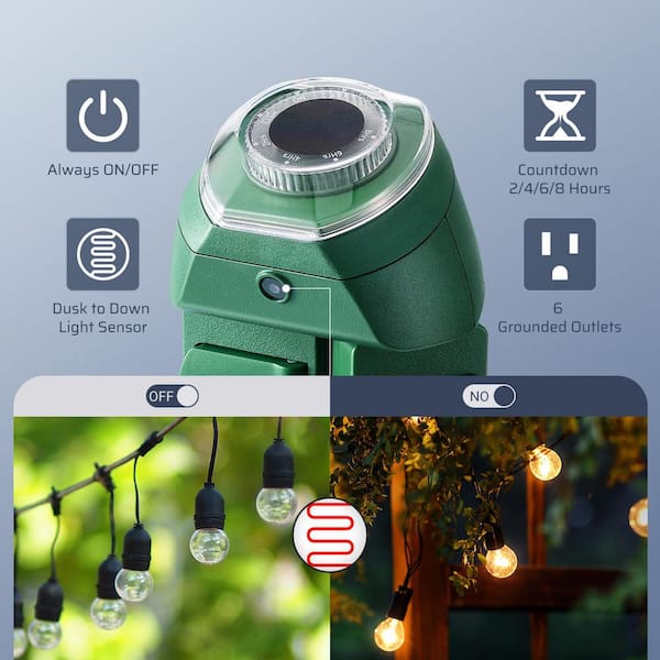 Outdoor Power Strip Timer with Photocell, Yard Stake Timer Dusk to Dawn, 6 Outlets 10 ft. Cord for Outdoor Lights, Decor