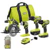 RYOBI ONE+ 18V Cordless 4-Tool Combo Kit with 1.5 Ah Battery, 4.0 Ah Battery, Charger, and 22-Piece Titanium Drilling Set PCL1400K2-A972202