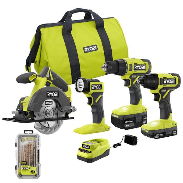 RYOBI ONE+ 18V Cordless 4-Tool Combo Kit with 1.5 Ah Battery, 4.0 Ah ...