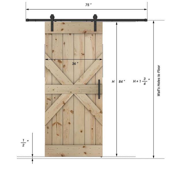 Dessliy Mid X Series 36 in. x 84 in. Fully Set Up Unfinished Pine Wood Sliding Barn Door With Hardware Kit