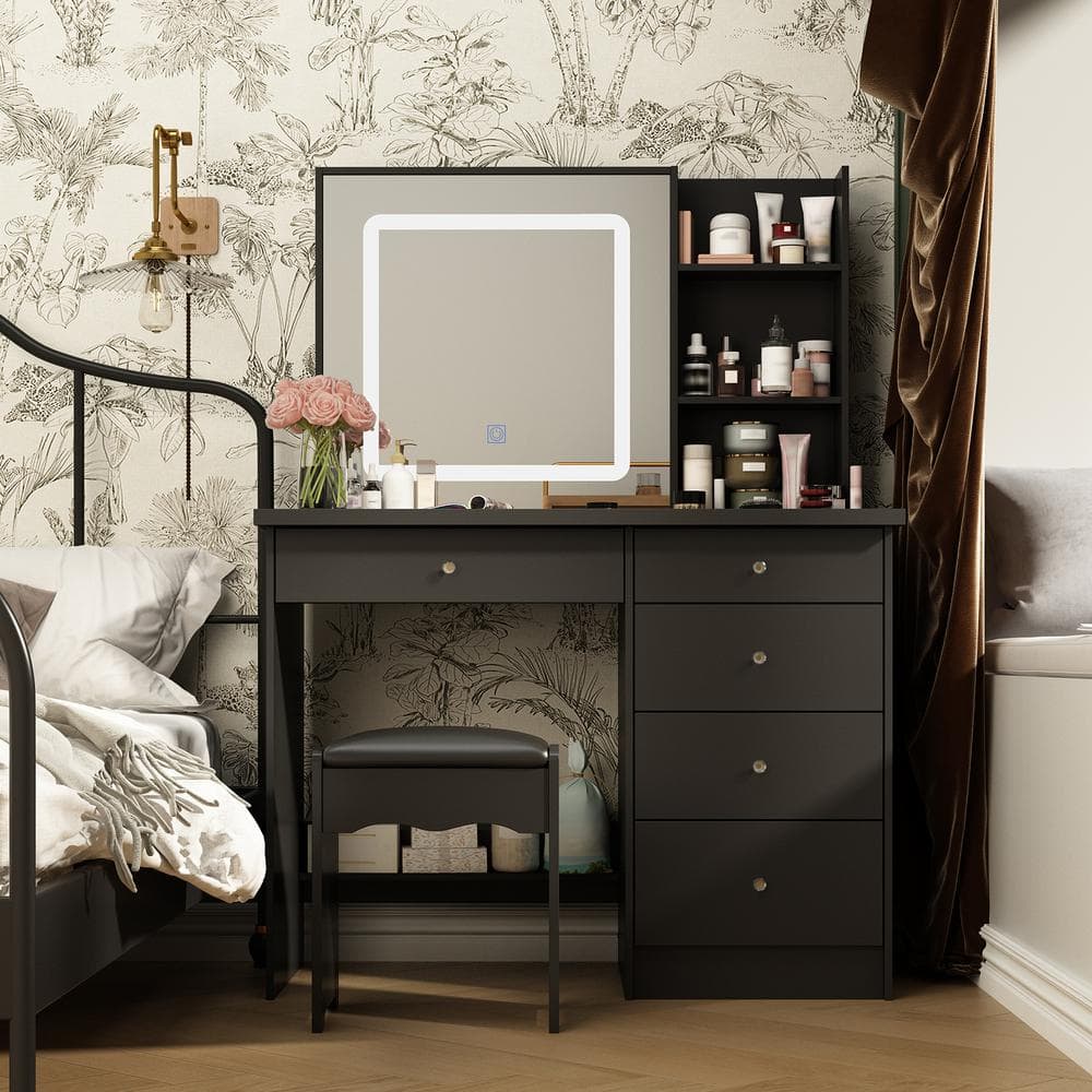 FUFU GAGA Black 5 Drawers 39.4 in. W Makeup Vanity Sets Chest of Drawers with LED Dimmable Mirror Stool 3 Tier Storage Shelves KF210141 11 The
