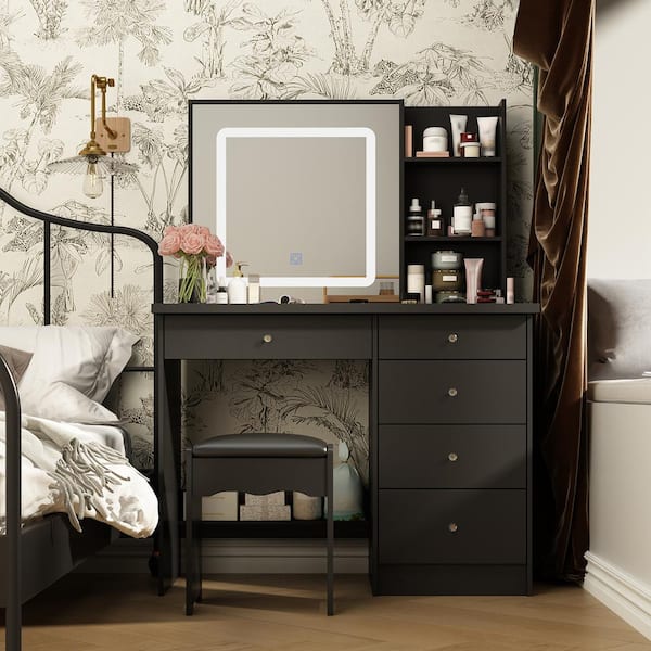 FUFU&GAGA Black 5- Drawers 39.4 in. W Makeup Vanity Sets Chest of Drawers with LED Dimmable Mirror, Stool, 3-Tier Storage Shelves