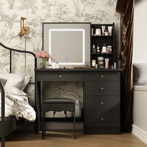 Black 5- Drawers 39.4 in. W Makeup Vanity Sets Chest of Drawers with LED Dimmable Mirror, Stool, 3-Tier Storage Shelves
