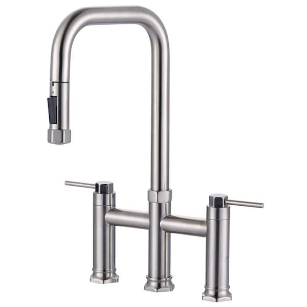 3 Holes Double Handle Brass Bridge Kitchen Faucet with Pull Down Sprayer and Supply Lines in Brushed Nickel