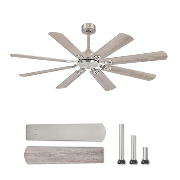 62 in. Brushed Nickel Indoor 6-Speed Modern Quiet Downrod Mount Ceiling Fan No Lights with Dual-Finish Blades and Remote