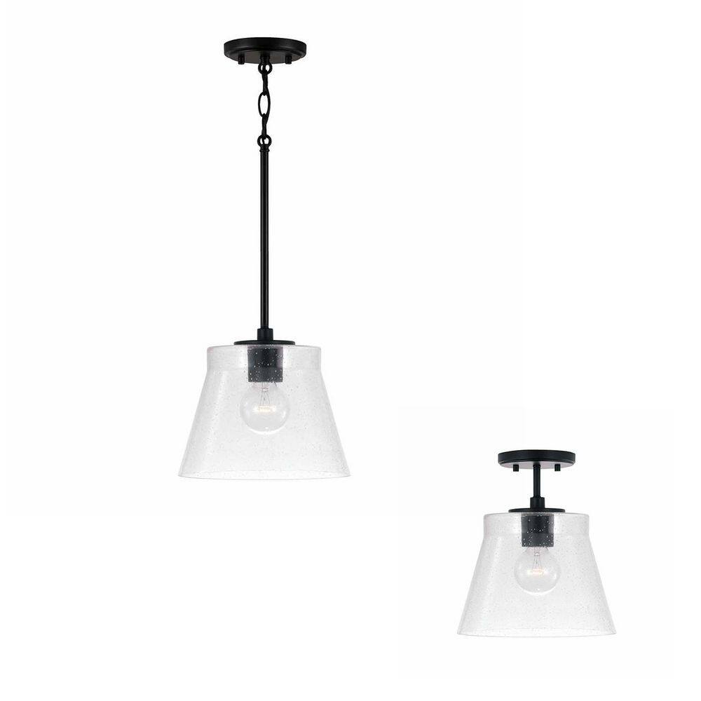 Matte Black Single Pendant Light with Clear Seeded Glass Shade
