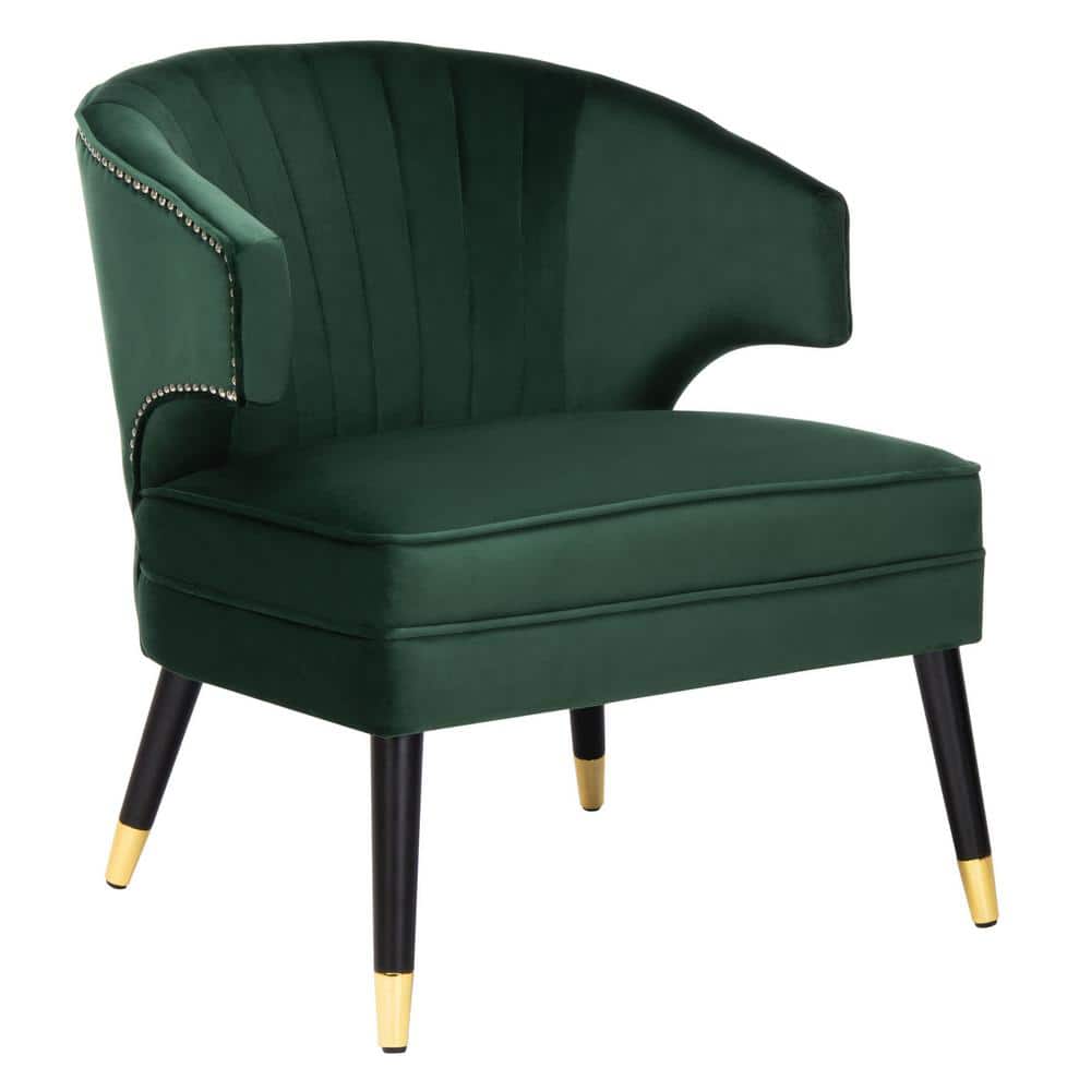 Transitional Forest Green Velvet Barrel Accent Chair with Black Wood Legs
