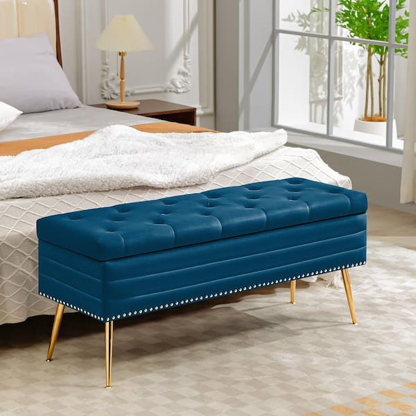 JEAREY Velvet Navy Storage Ottoman Entryway Bench with Gold Base and Diamond Tufted Design for Living Room