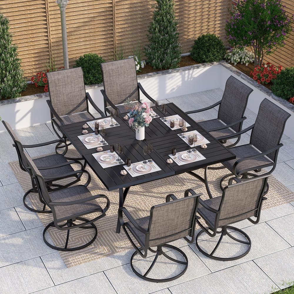 Black 9-Piece Metal Patio Outdoor Dining Set with Slat Square Table and Textilene Swivel Chairs